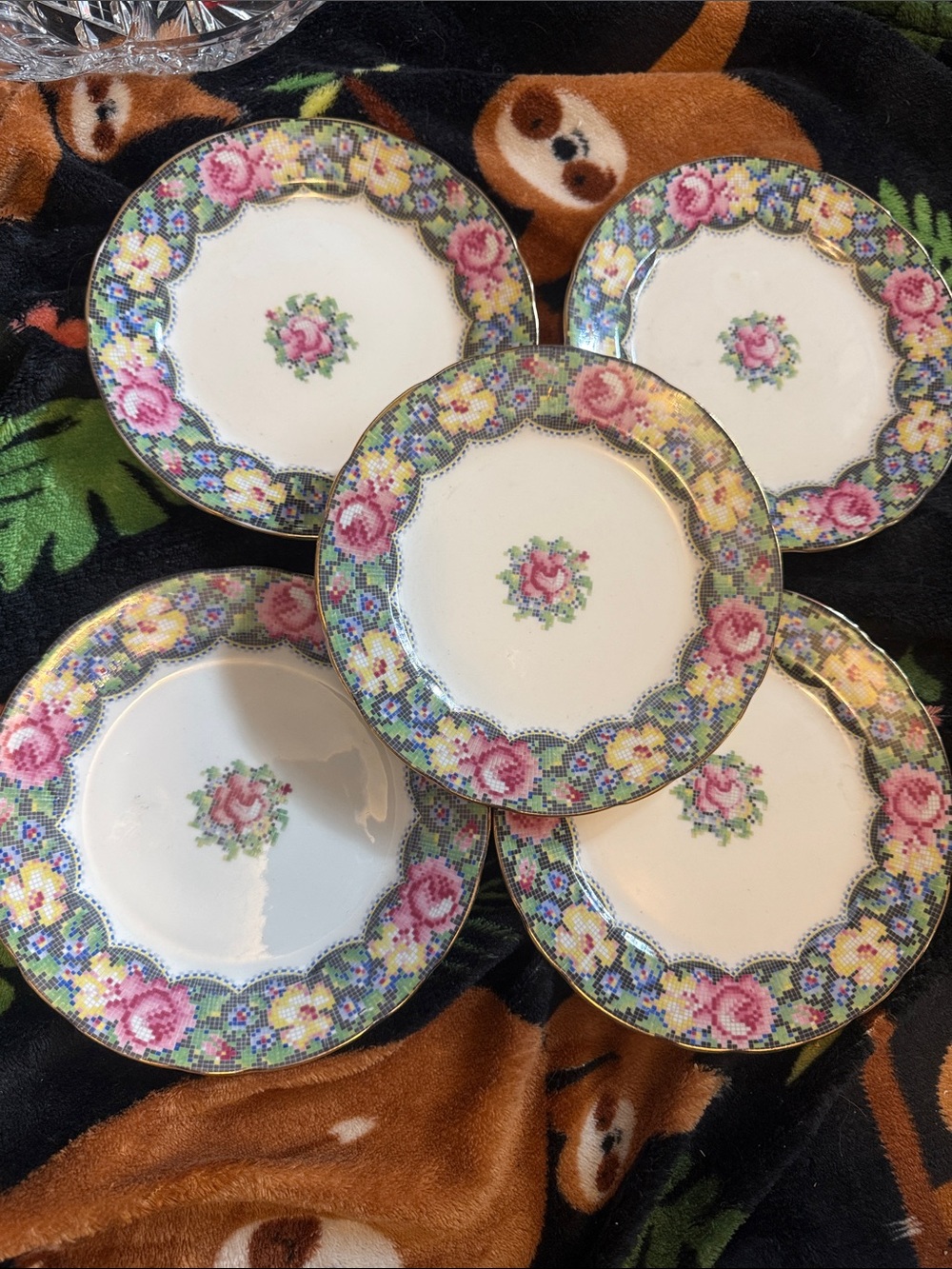 Vintage Floral Rose bone china Salad Plates - Pink and Yellow 5 plates